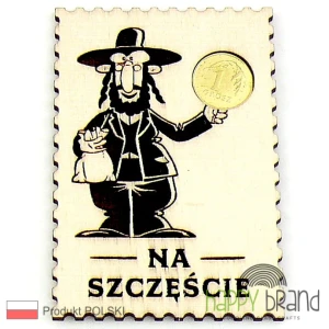 Magnes Żyd na szczęście z grosikiem - sklejka drewniana