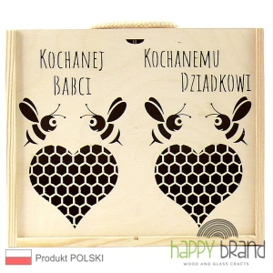 Pudełko na miód, konfiturę, podwójne - Dla Babci i Dziadka, serca z pszczółkami